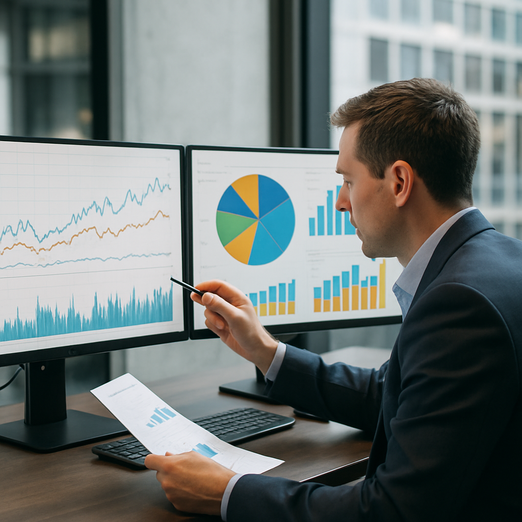 A financial advisor reviewing multi-asset portfolio charts on dual monitors in a modern office setting