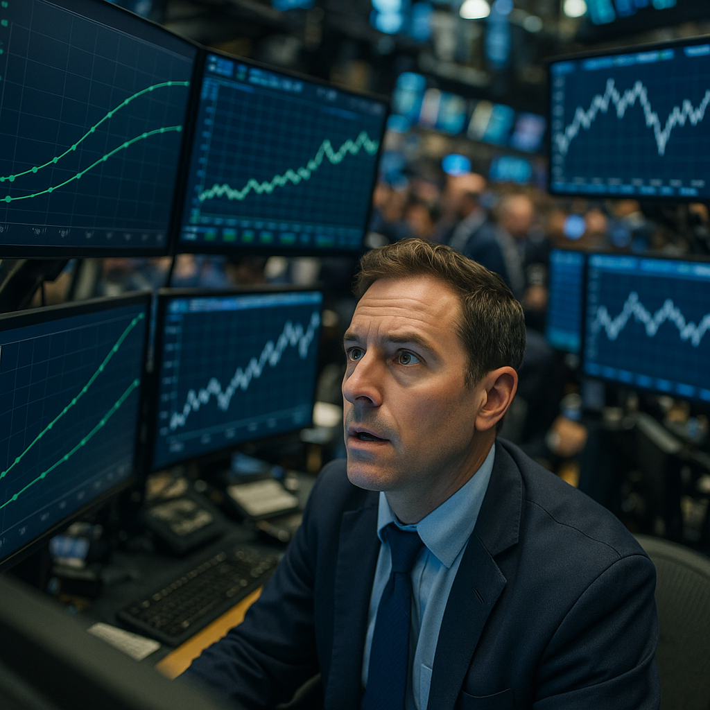 A trader on a busy exchange floor surrounded by screens showing bond yield curves and equity indices