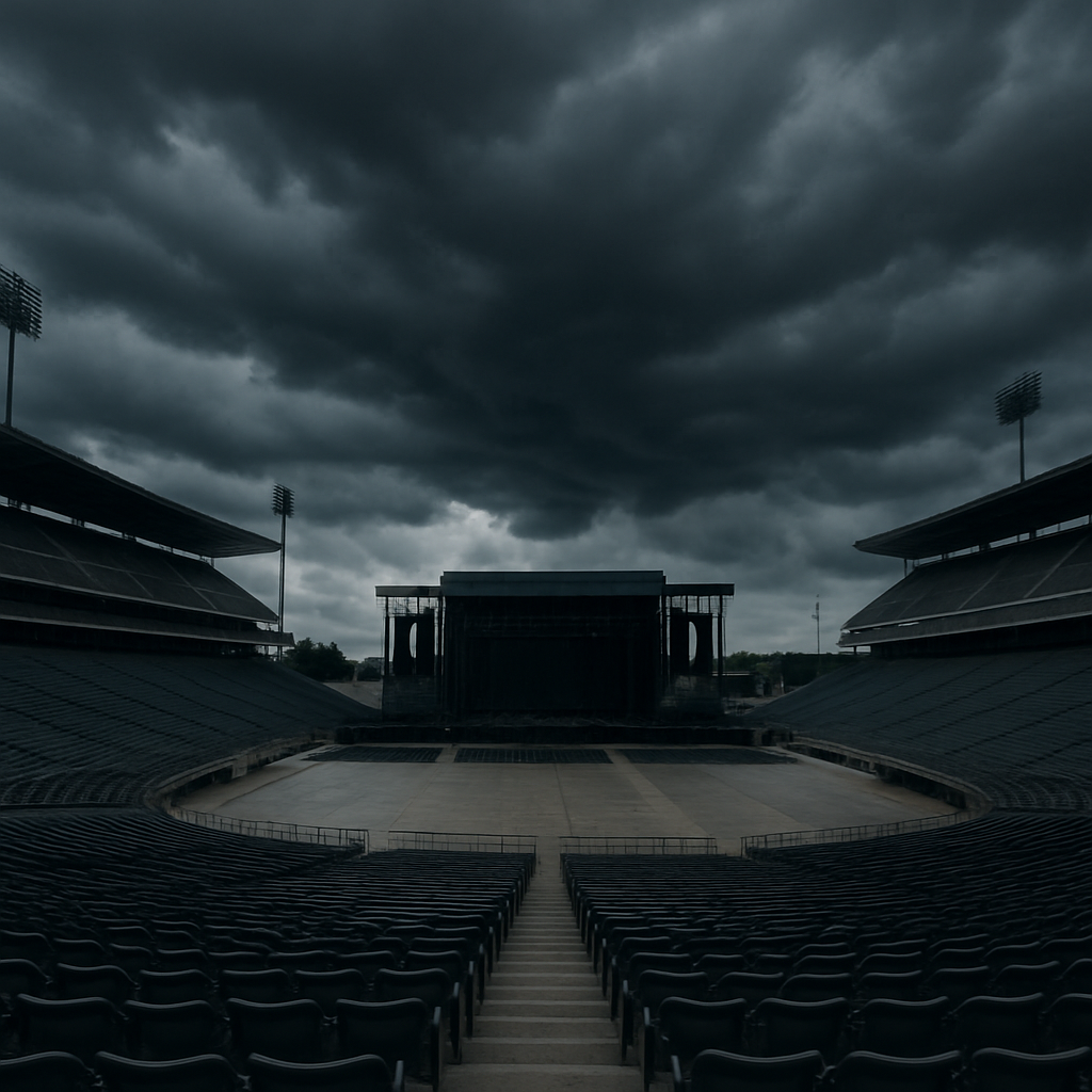 large outdoor stadium concert venue with dark storm clouds gathering overhead, empty stage visible in background
