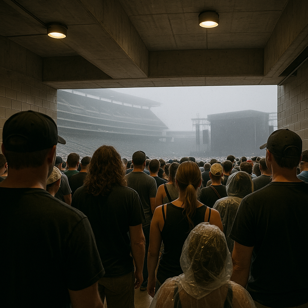 crowd of concert-goers sheltering inside a stadium concourse corridor during a weather delay, no faces visible