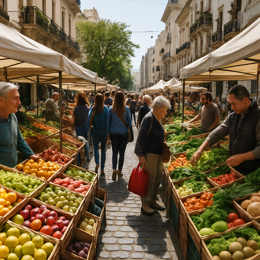 wide-angle view of a busy Buenos Aires street market with produce vendors and shoppers browsing stalls