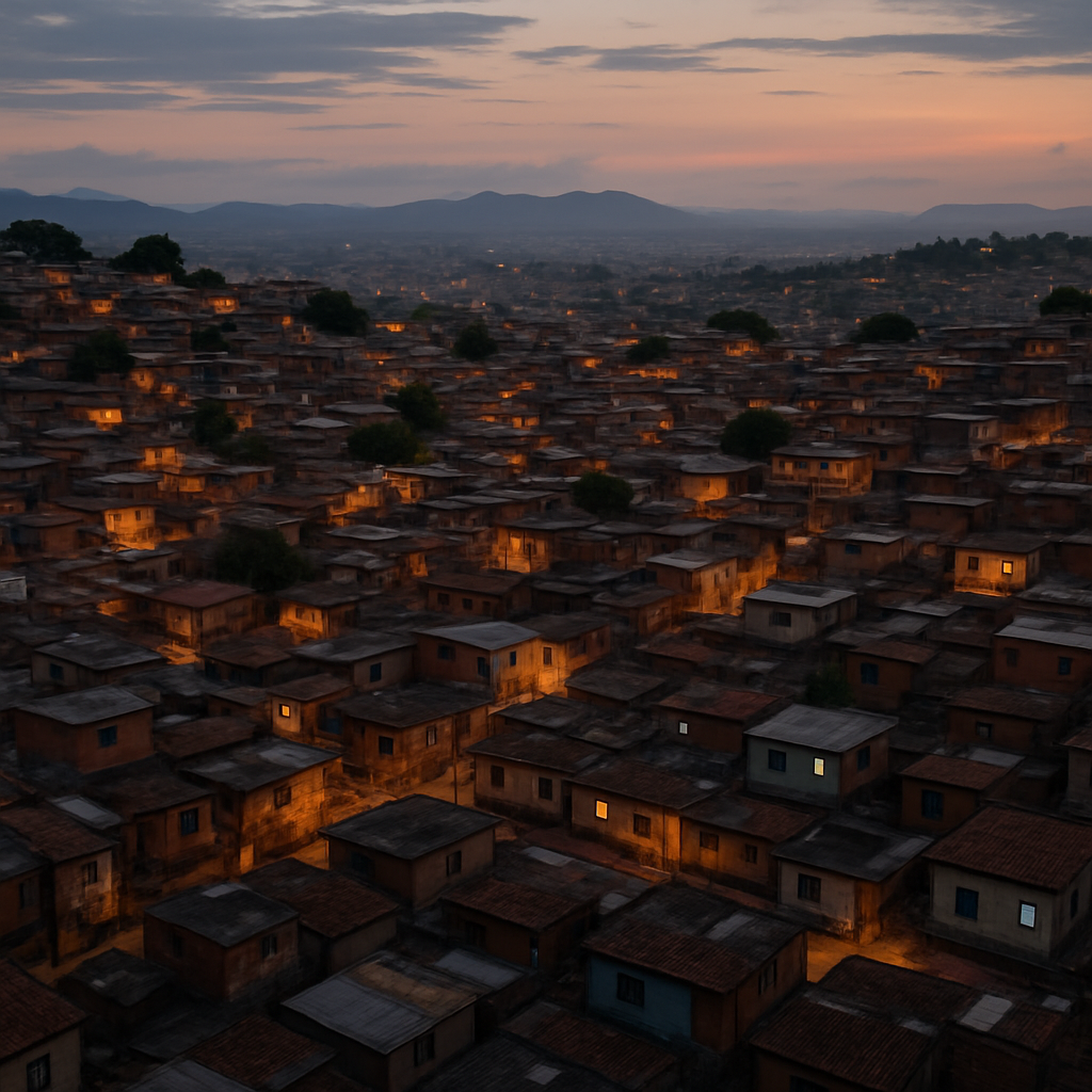 aerial view of a densely packed low-income residential neighborhood on the outskirts of a South American city at dusk