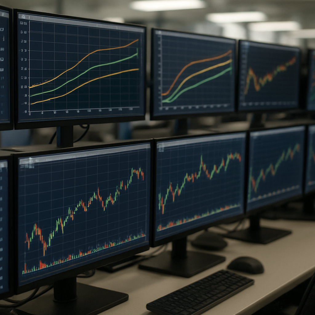 rows of trading screens displaying bond yield curves and ETF price data in a financial dealing room
