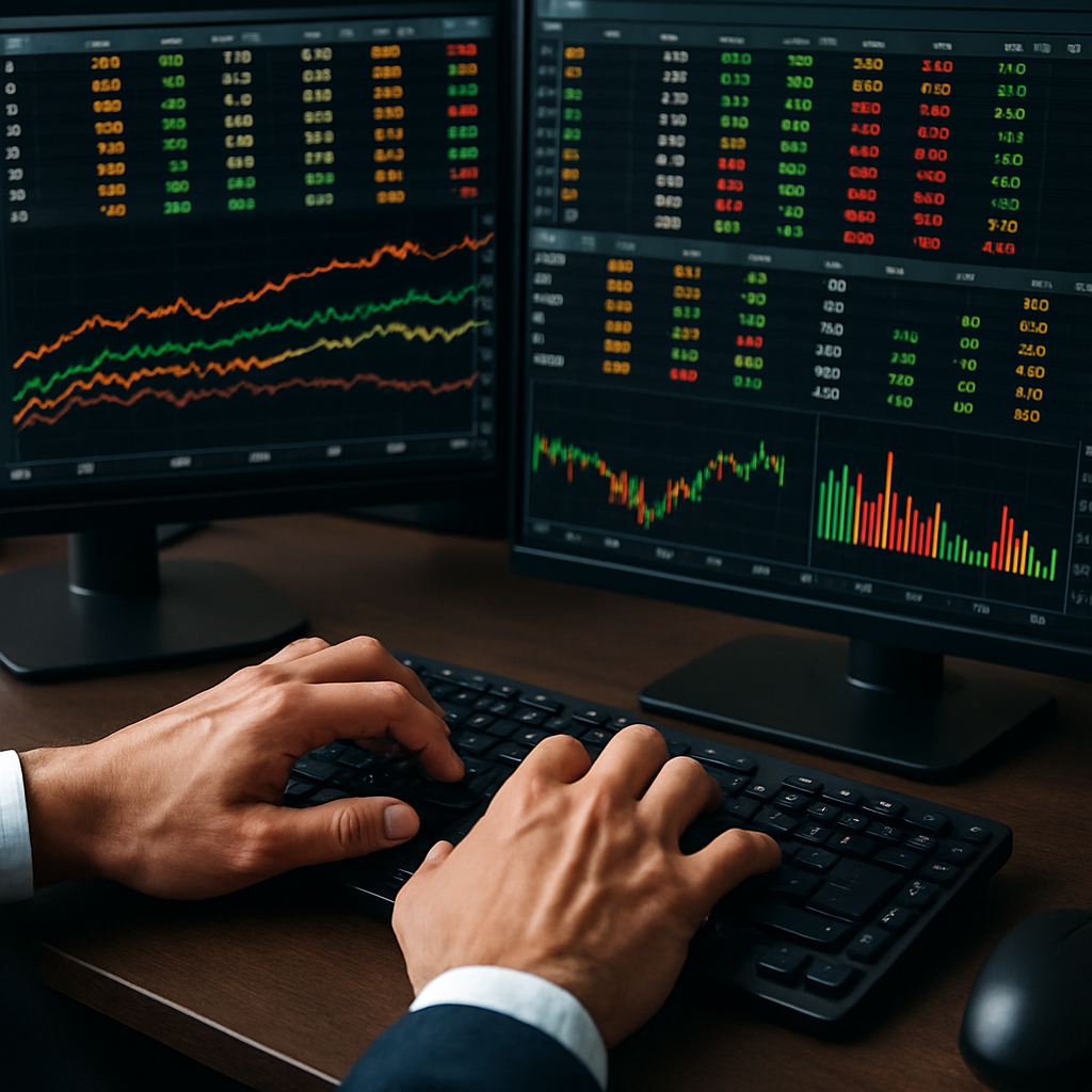 close-up of a trader's hands typing at a workstation with bond market data displayed on dual monitors