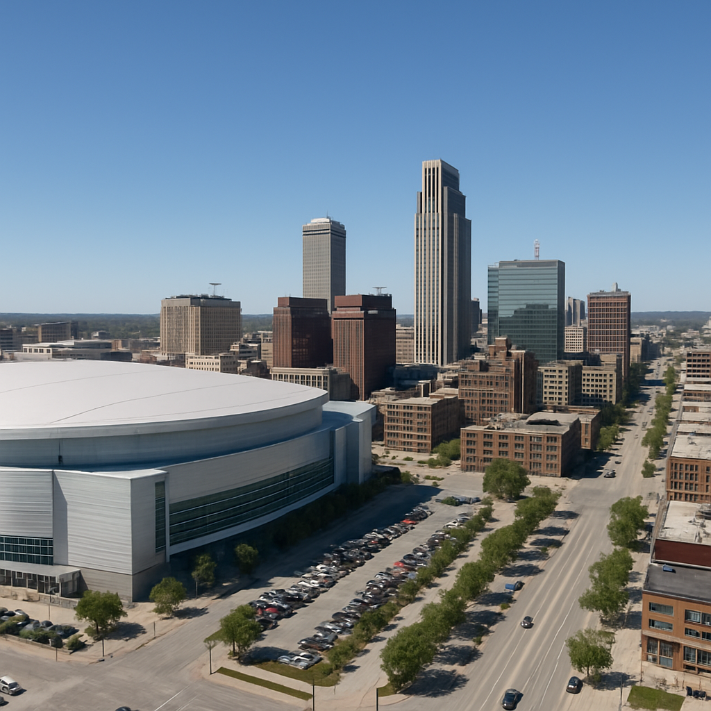 aerial view of Omaha city skyline near the CHI Health Center arena during a clear day