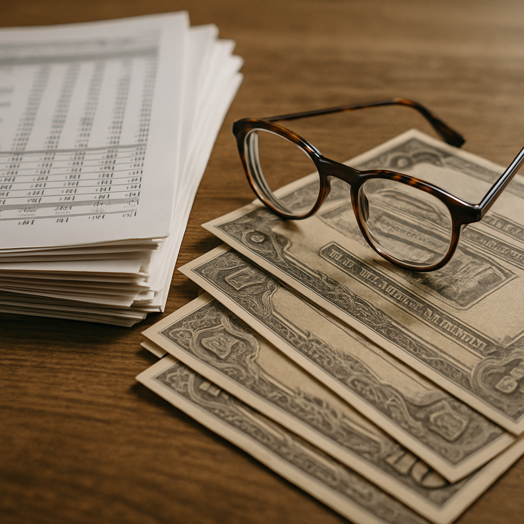 close-up of stacked financial documents and Treasury bond certificates on a wooden desk with reading glasses