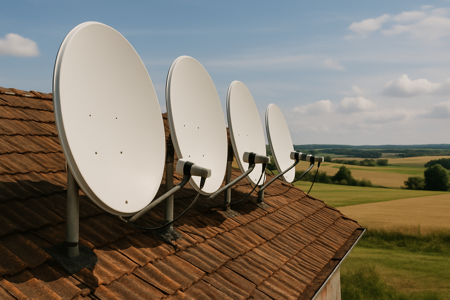 Satellite dish array installed on a rural rooftop against an open sky, with rolling farmland visible in the background
