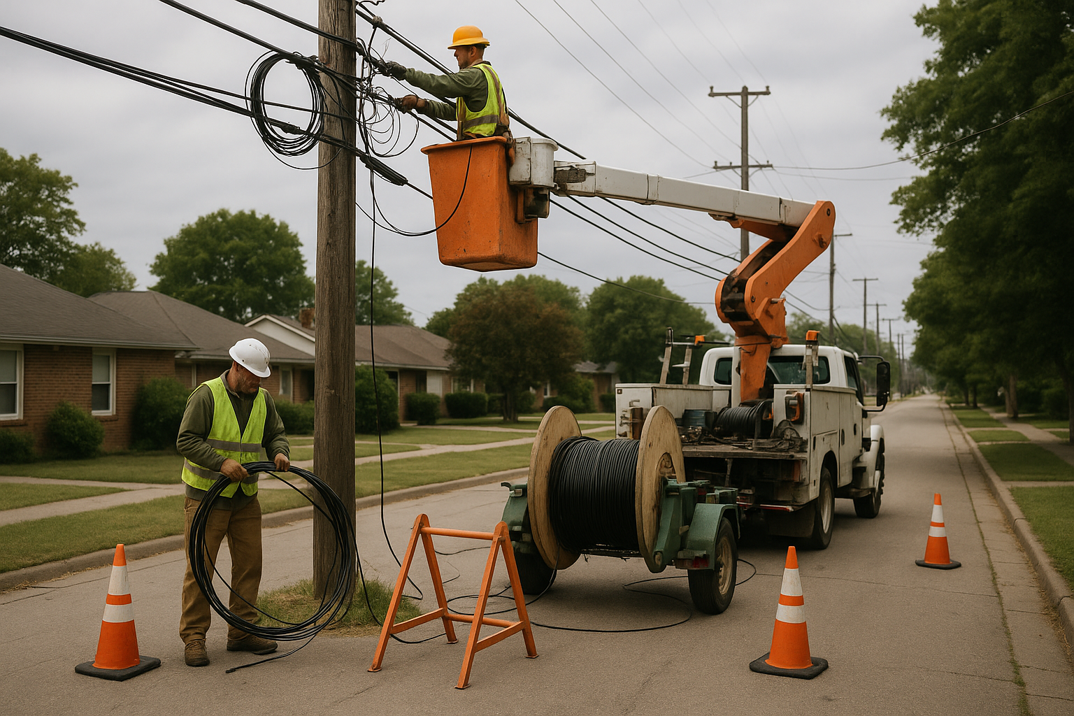 Fiber optic cable installation work on a utility pole along a suburban street, with technicians and equipment visible below