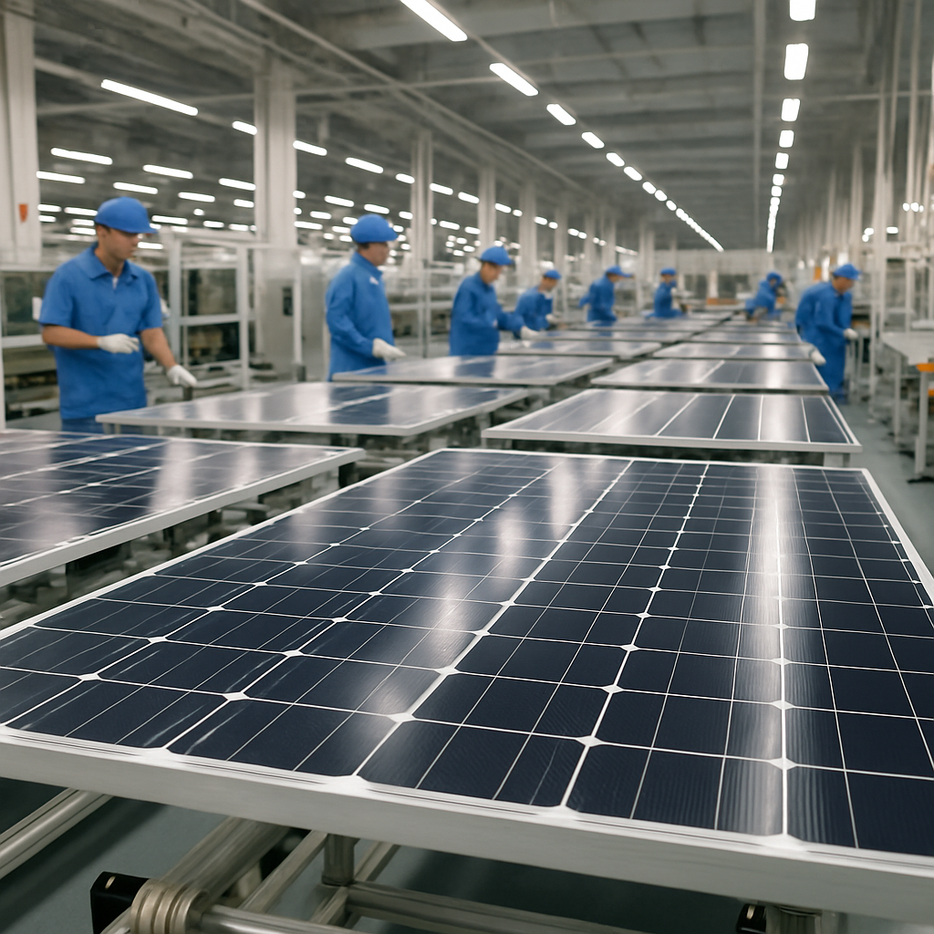 rows of solar panels being assembled inside a large modern Chinese manufacturing facility, workers in blue uniforms visible in background