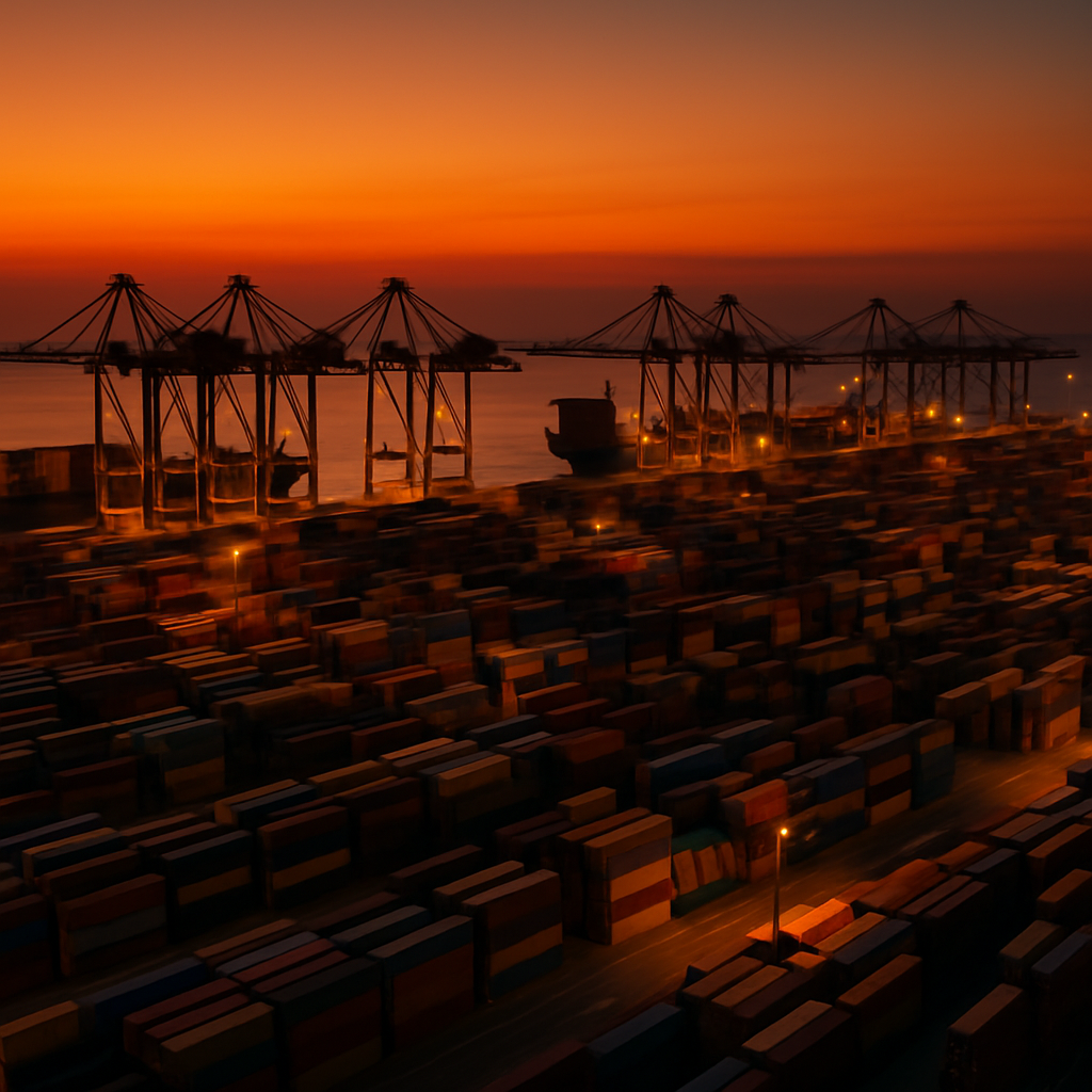 aerial view of a large cargo port at dusk with shipping containers stacked in rows and cranes silhouetted against orange sky