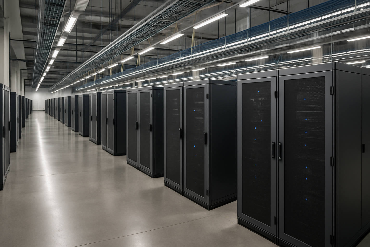 rows of industrial server rack enclosures inside a large climate-controlled data center facility, with overhead cable trays and blue indicator lights