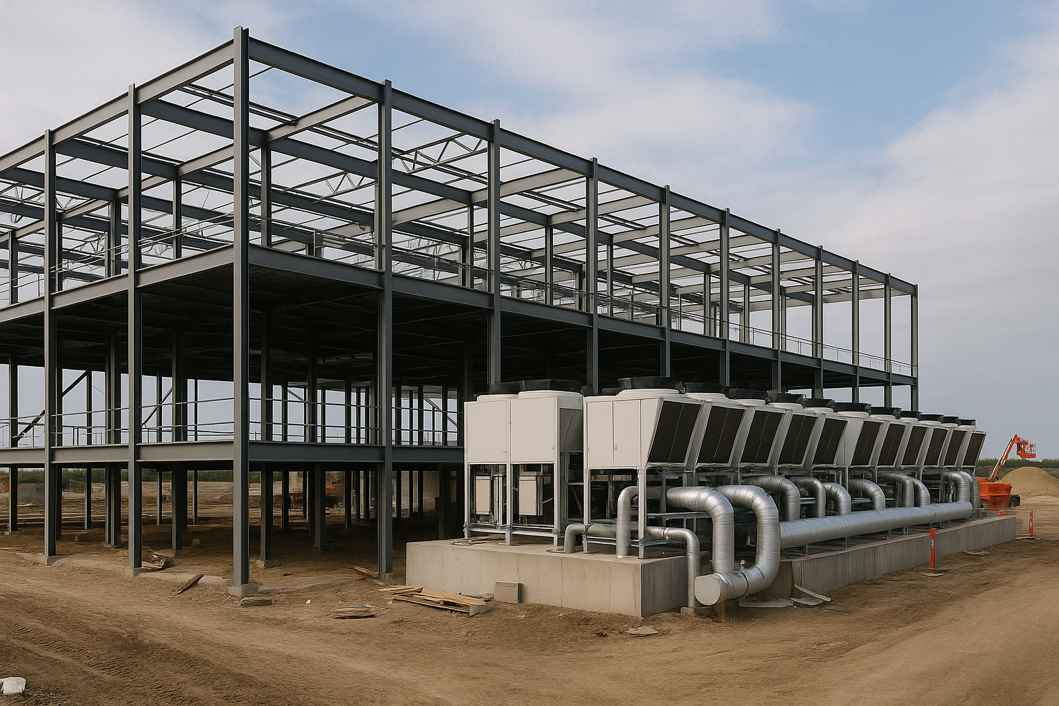 exterior view of a large-scale modular data center construction site with steel framing and cooling unit installations visible