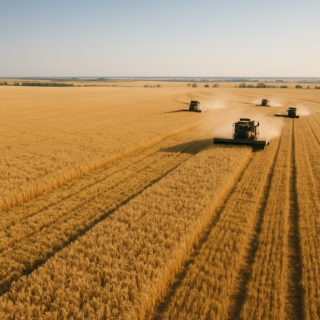 Wide aerial view of a vast golden wheat field at harvest time, combine harvesters visible in the distance