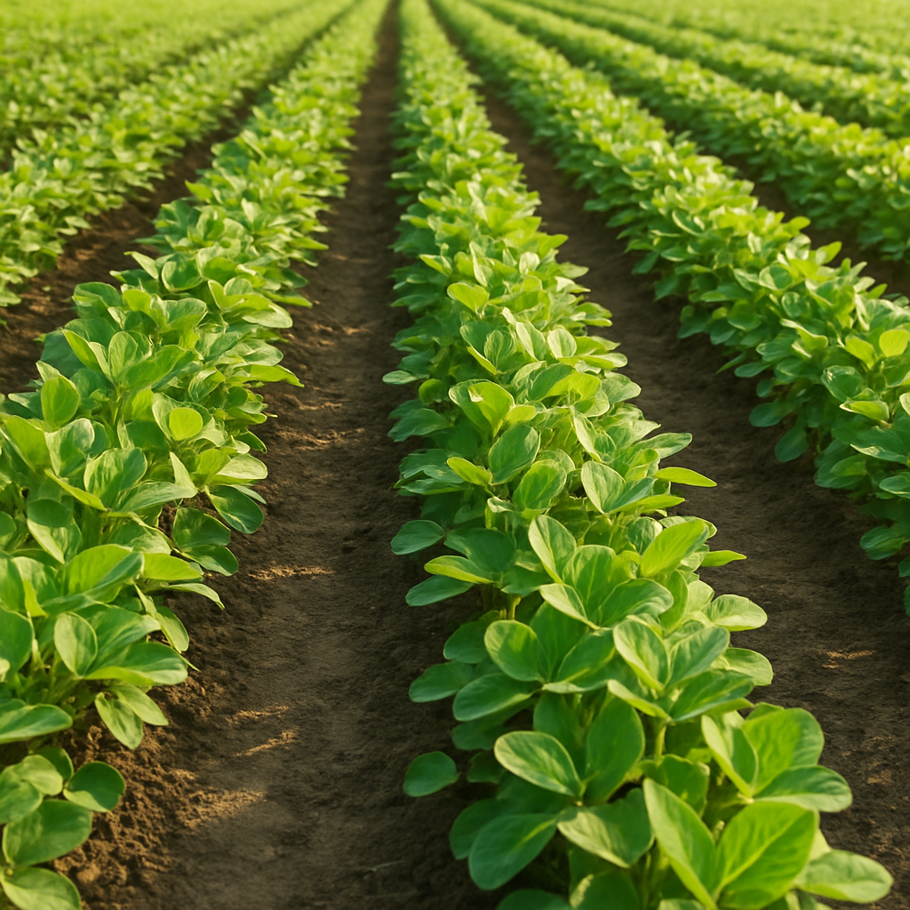 Rows of healthy green soybean crops growing in a sunlit agricultural field, soil visible between rows