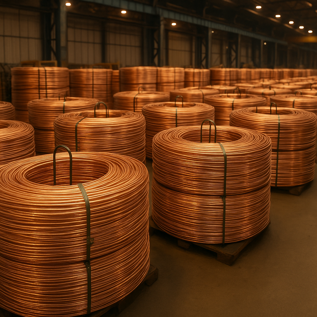 rows of copper wire coils stacked in an industrial warehouse, warm lighting, no people