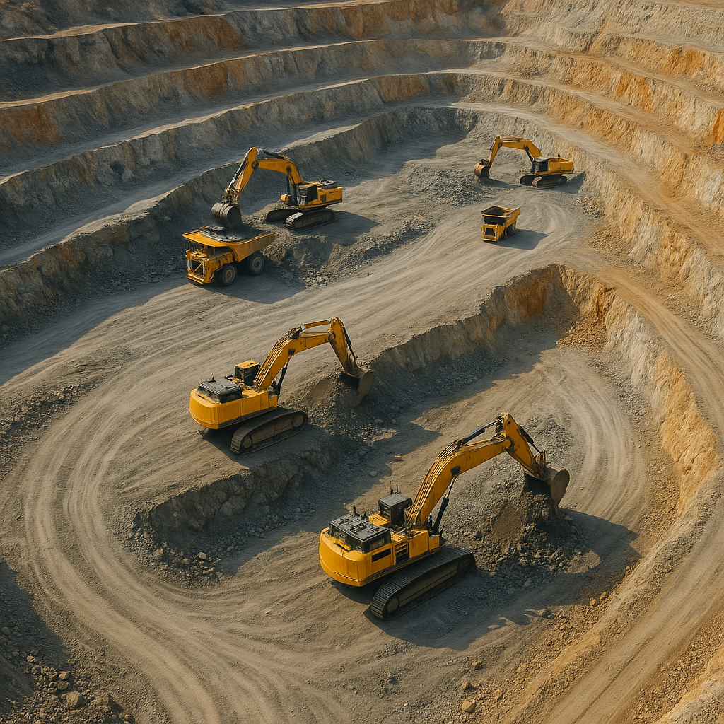 open-pit copper mine with heavy excavation machinery operating on terraced levels, aerial perspective