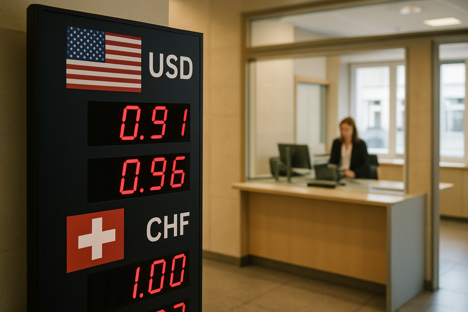 Currency exchange board displaying USD and CHF rates inside a Zurich bank branch, with a teller window visible in the background