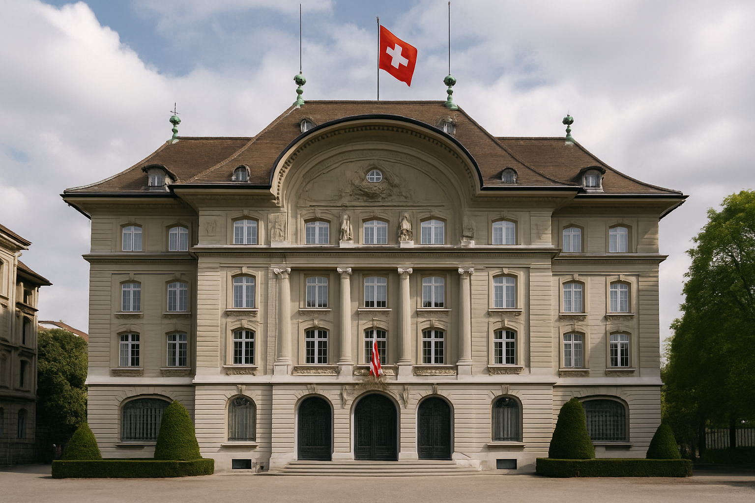 Exterior view of the Swiss National Bank headquarters building in Bern, Switzerland, with the Swiss flag visible above the entrance