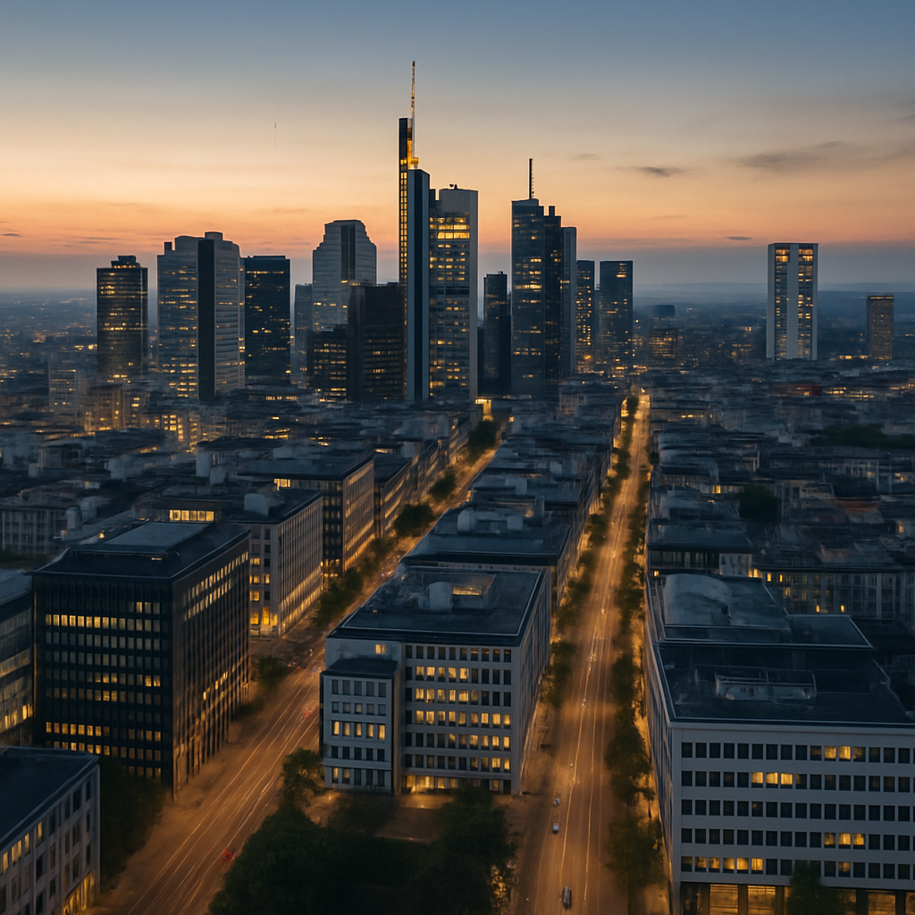 aerial view of a major European financial district with rows of office buildings and a wide urban boulevard at dusk