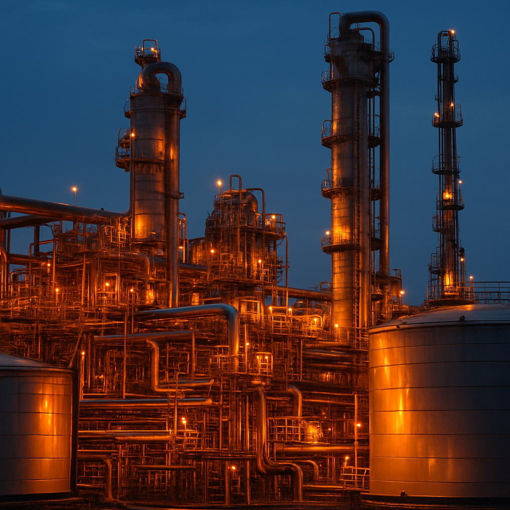 close-up of an oil refinery at twilight with industrial pipework and storage tanks reflecting orange light