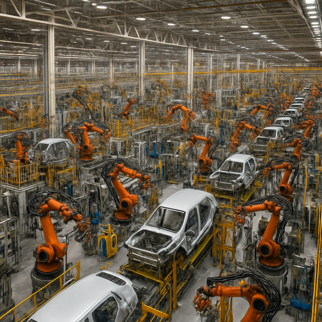 aerial view of a large German automotive manufacturing plant with production lines and machinery, no workers visible