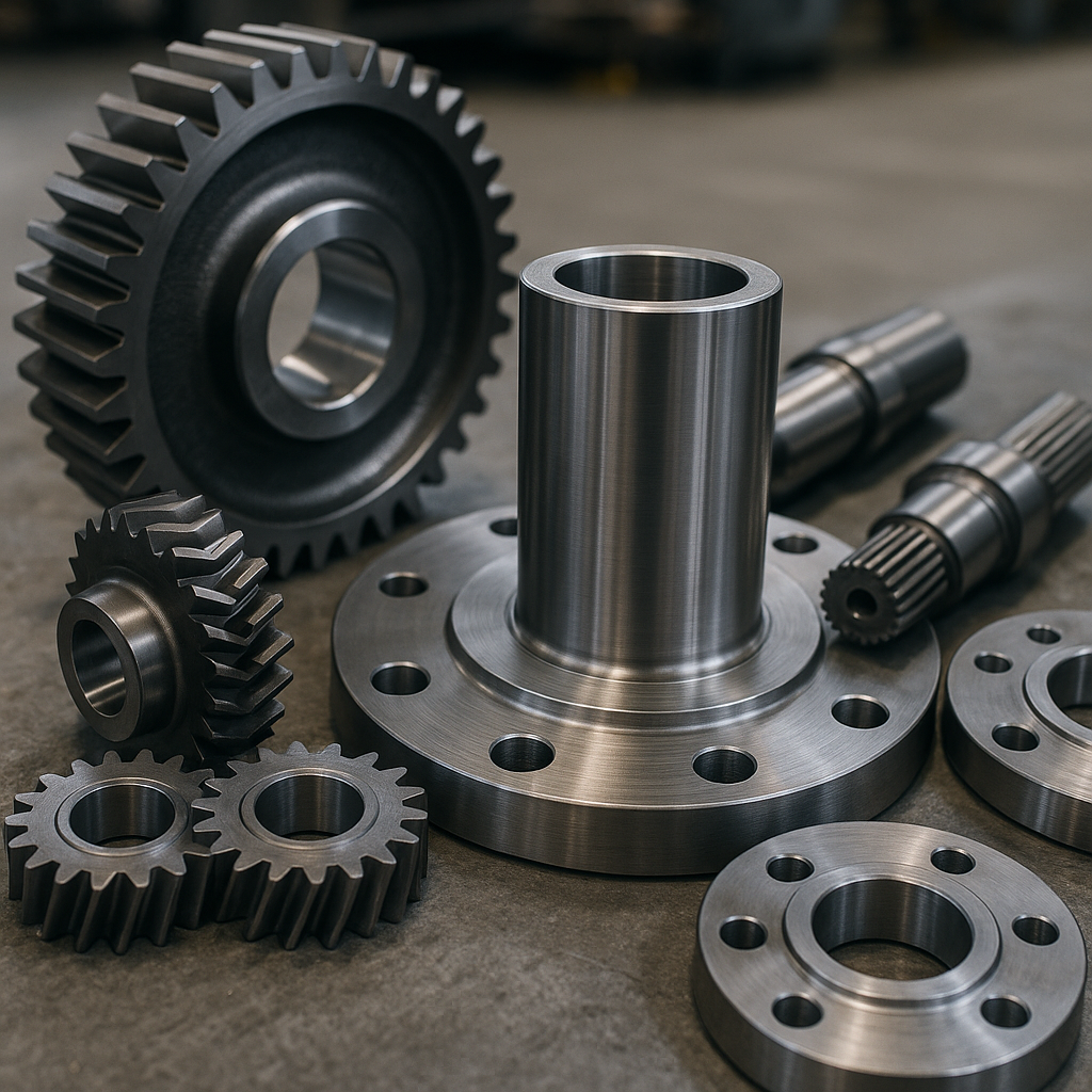 close-up of industrial metal components and precision-engineered parts arranged on a factory floor, no text visible
