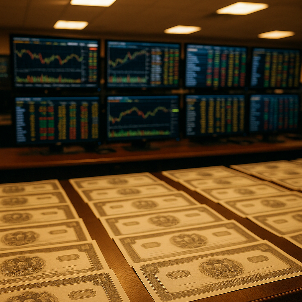 rows of government bond certificates and financial data screens in a trading room, warm overhead lighting