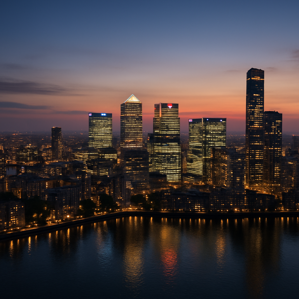 wide aerial view of a major international financial district skyline at dusk, city lights reflecting on water below