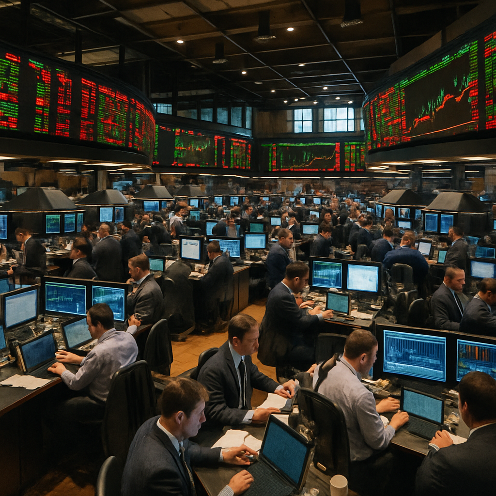 wide-angle view of a busy stock exchange trading floor with illuminated ticker displays and traders at workstations