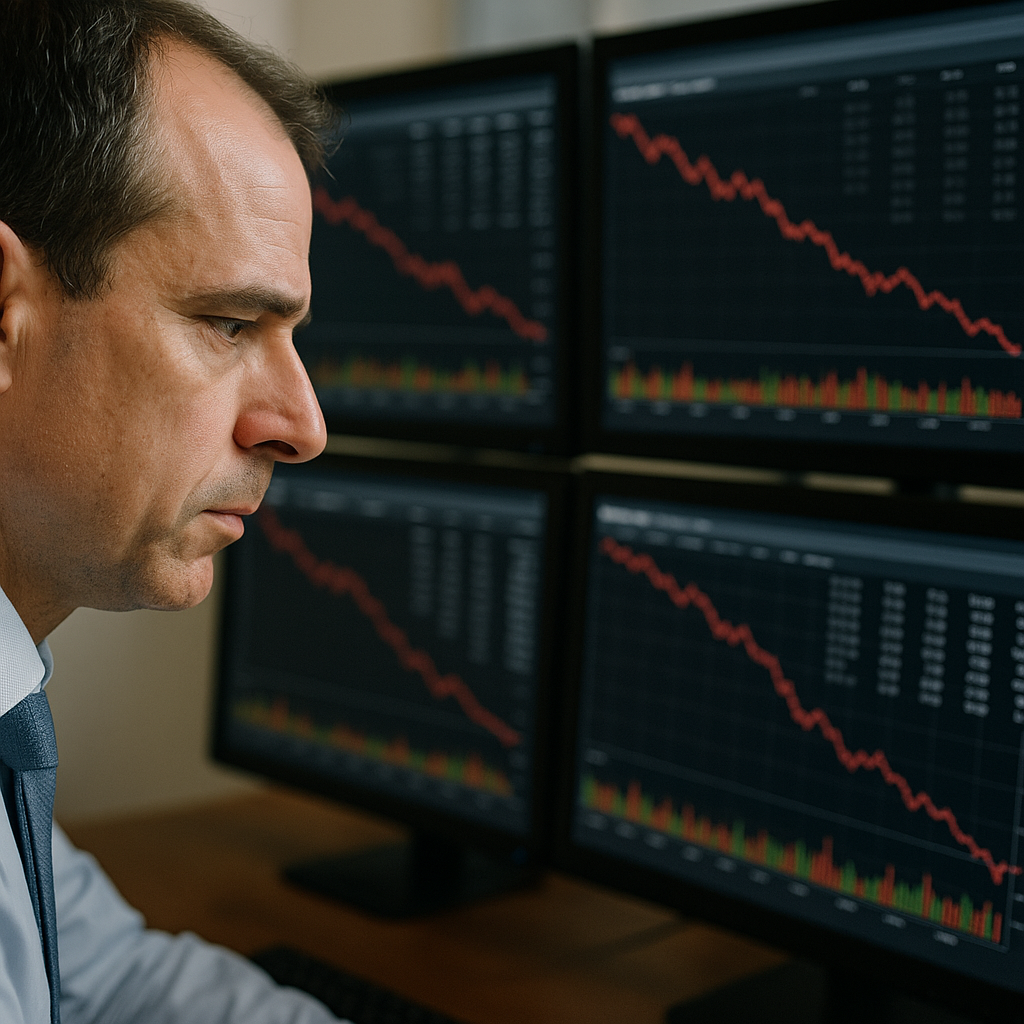 close-up of a financial analyst reviewing multi-screen terminal showing declining valuation charts and economic data
