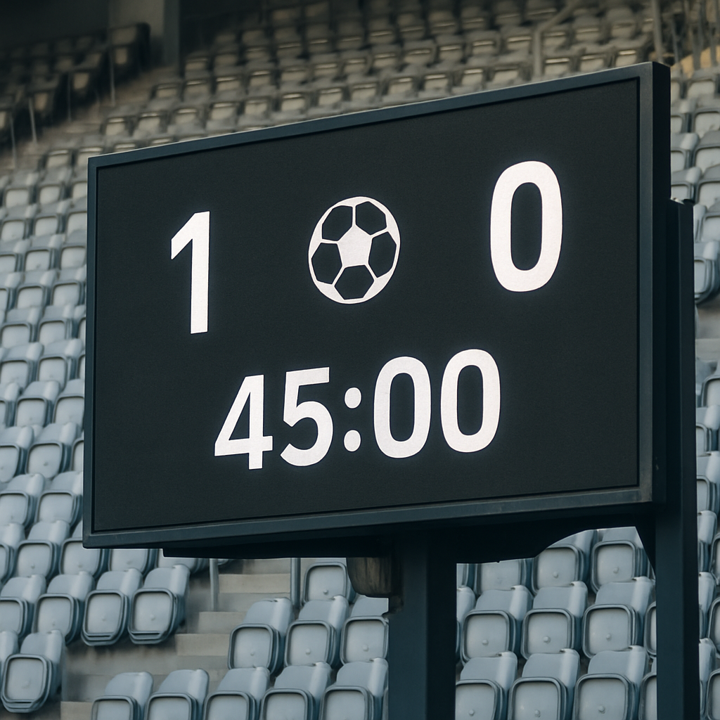 close-up of a stadium scoreboard displaying a live football match score, empty seats visible in background