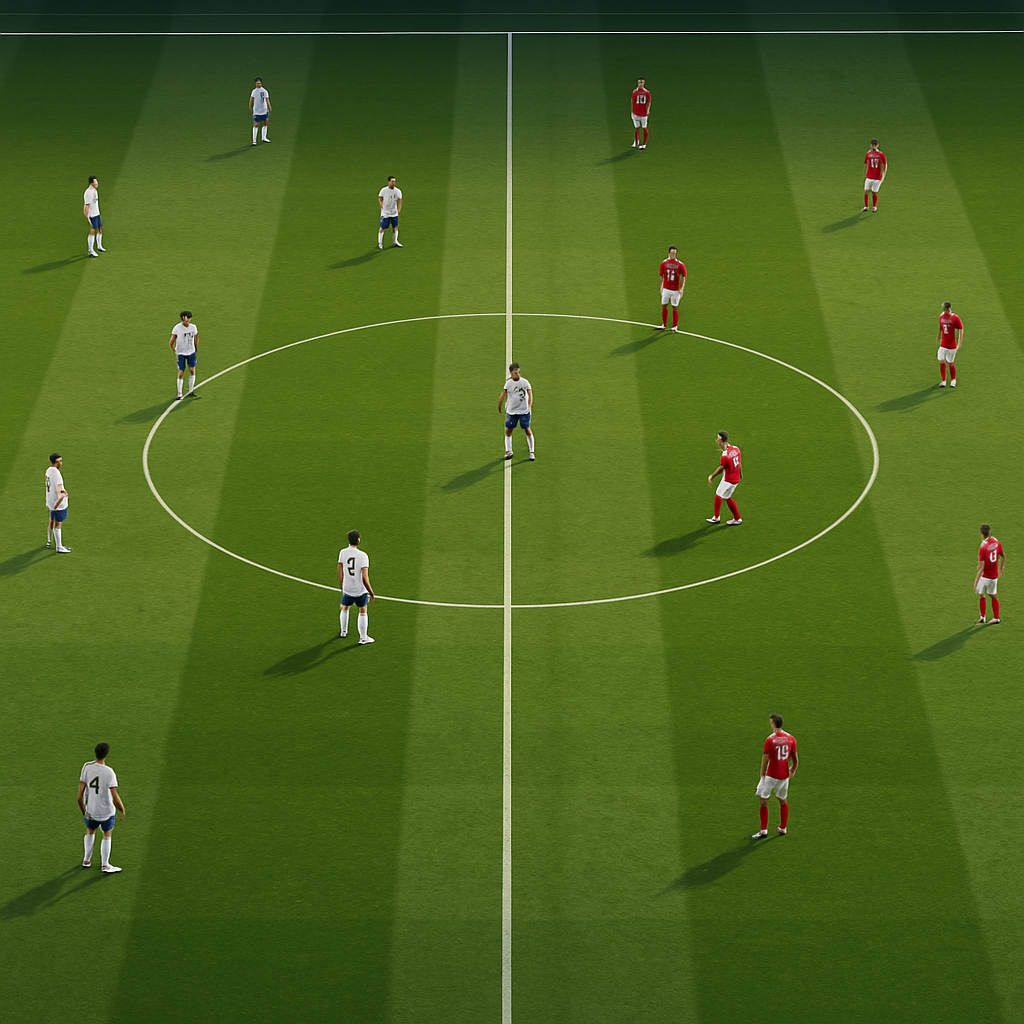 overhead view of a football pitch during an international match, players positioned across the field