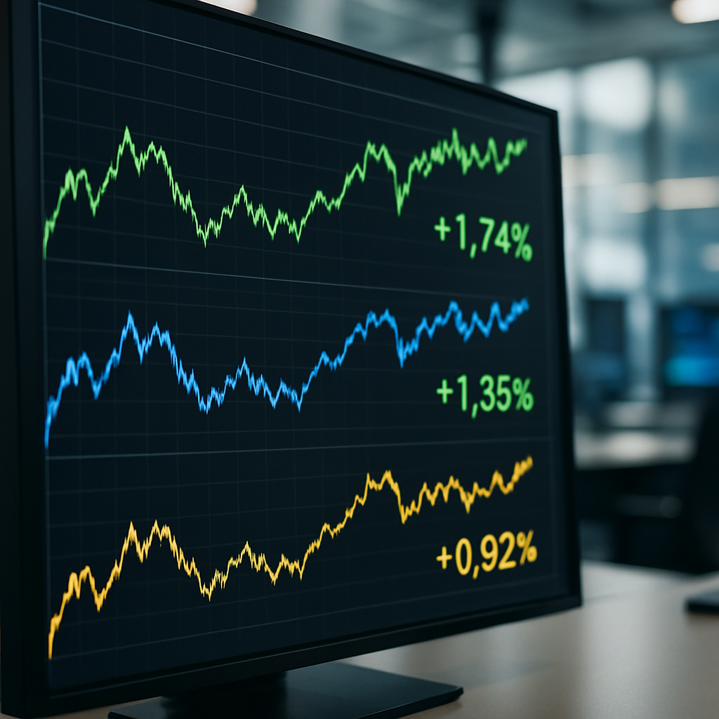 a close-up of a stock market trading screen displaying index fund performance charts and percentage figures in a professional office setting