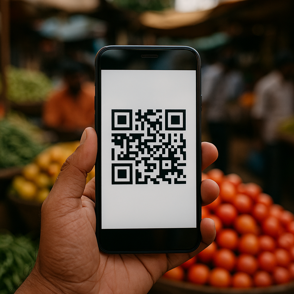 close-up of a smartphone screen showing a QR code payment interface in an Indian market setting