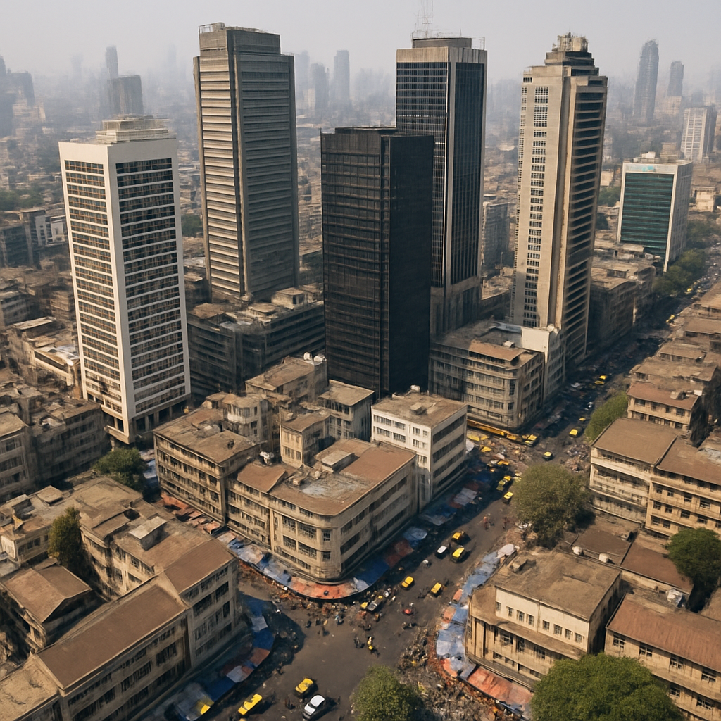 aerial view of a dense urban Indian financial district with office towers and street-level commercial activity