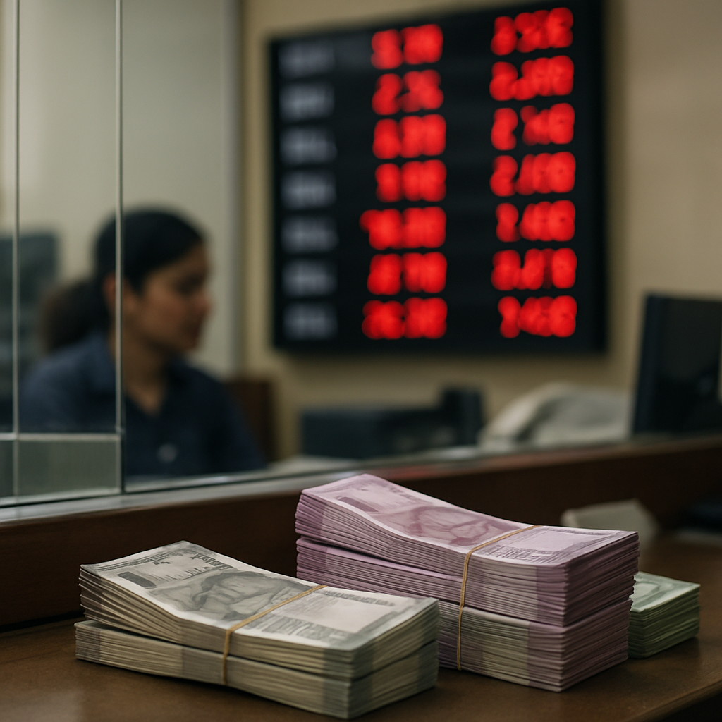 Indian currency exchange counter with stacks of rupee notes and a fluctuating rate board in the background