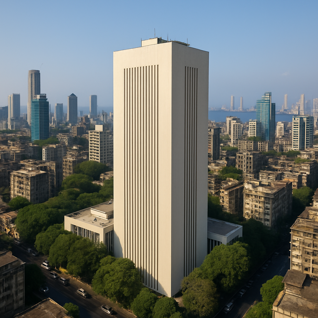 Aerial view of the Reserve Bank of India headquarters building in Mumbai on a clear day