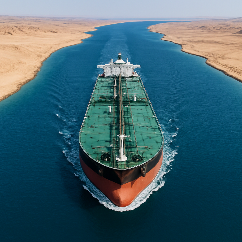 aerial view of a large commercial oil tanker navigating through narrow blue sea straits with arid coastline visible on both sides