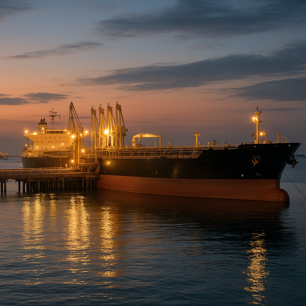 oil tanker docked at a Gulf port terminal with loading cranes and pipeline infrastructure visible at dusk