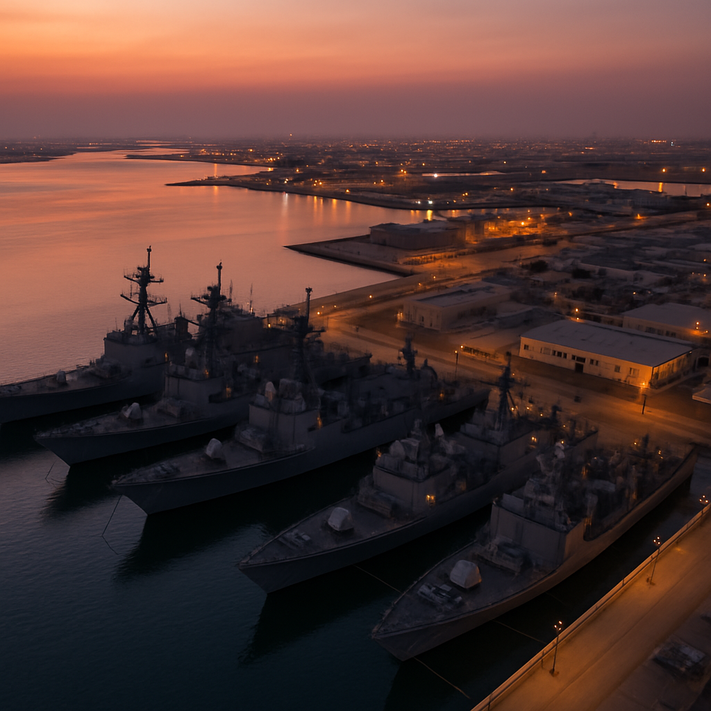 aerial view of a Gulf region naval base at dusk, warships visible at dock, no people in frame