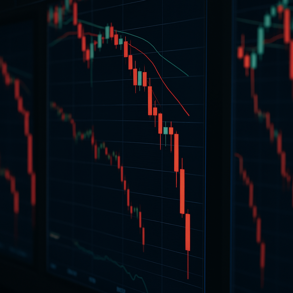 digital trading screen displaying cryptocurrency price charts with sharp downward red candles