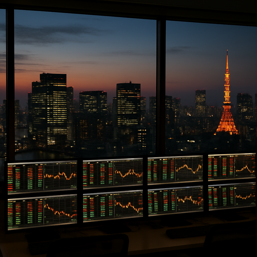 Tokyo financial district at dusk, rows of government bond trading terminals visible through an office window
