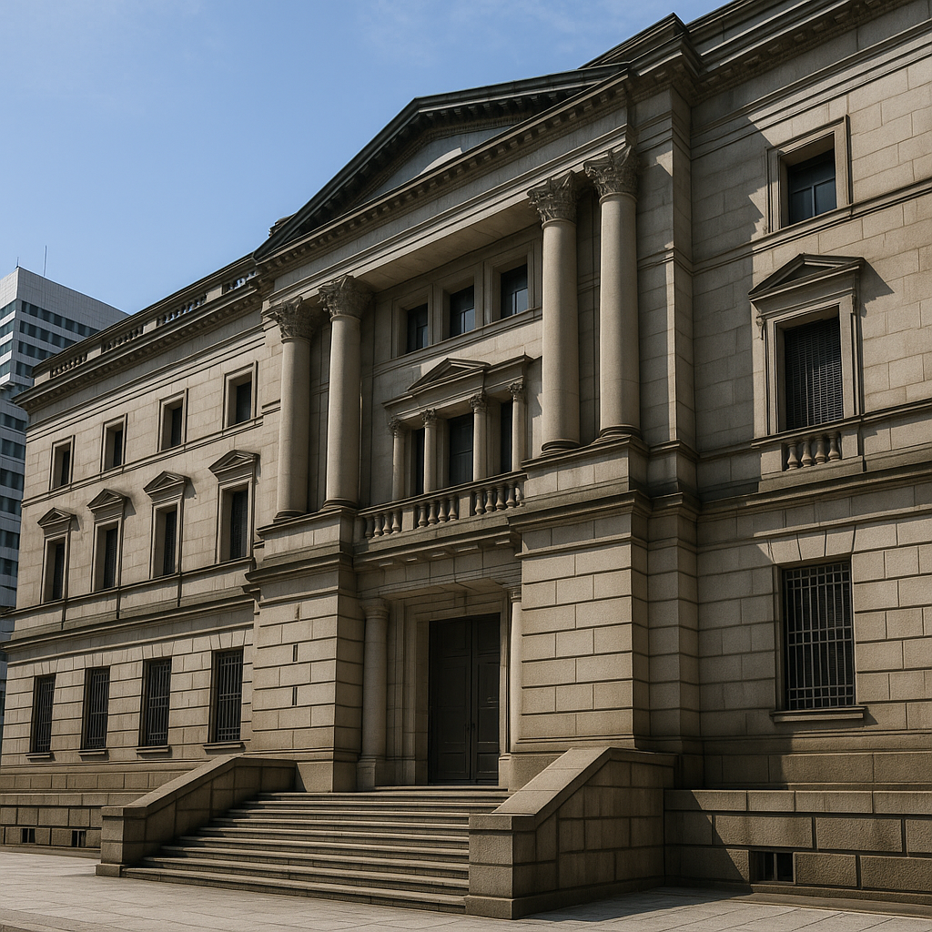 Bank of Japan headquarters exterior, stone facade and entrance steps on a clear day