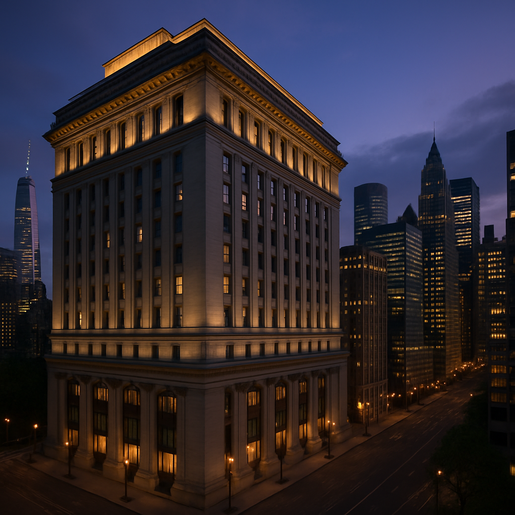 exterior of a major Wall Street bank headquarters building at dusk, financial district skyline in background