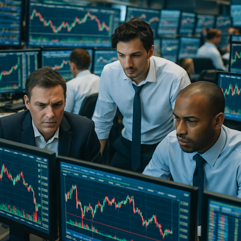 traders monitoring financial data screens on a busy trading floor, multiple monitors displaying market charts