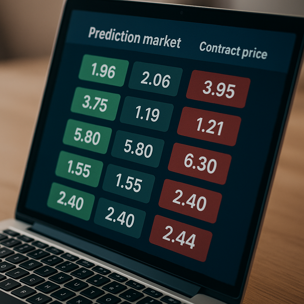 close-up of a laptop screen displaying a prediction market trading interface with numerical odds and contract prices