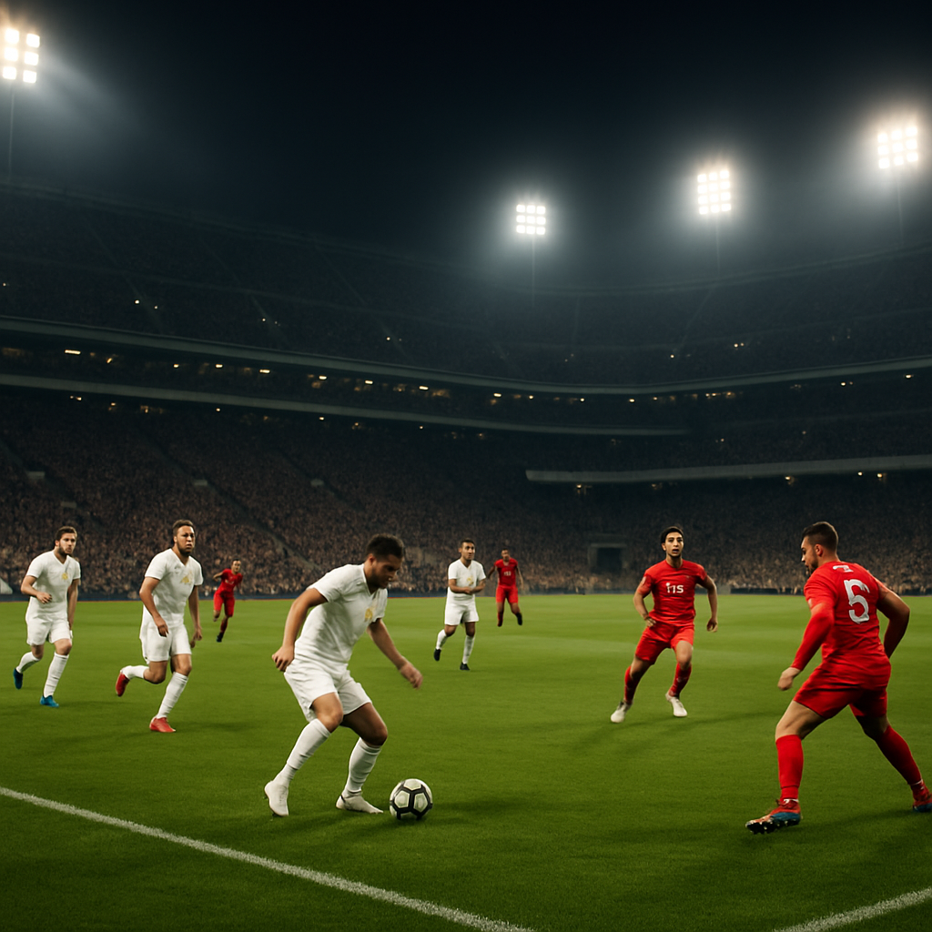 a soccer match in progress on a large stadium pitch with packed stands and players mid-play under floodlights