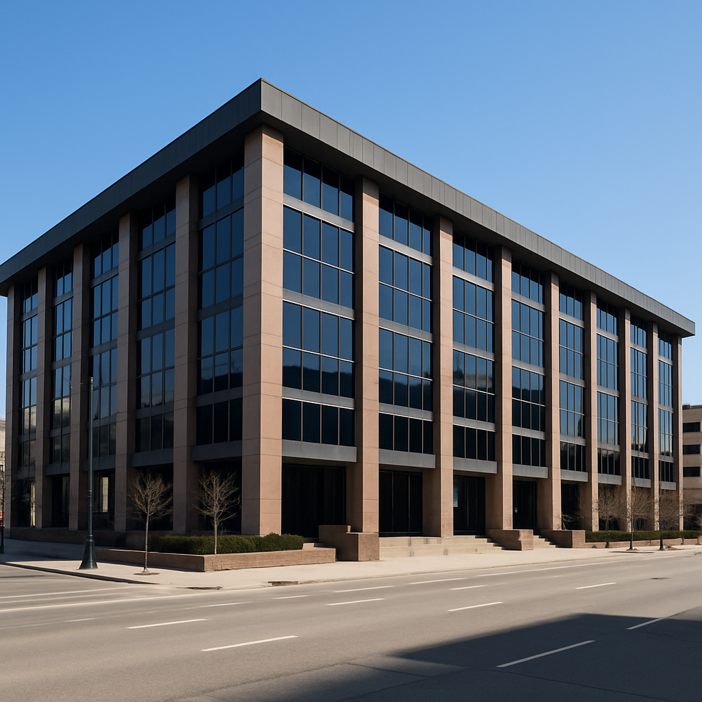 exterior of the Federal Reserve Bank of Minneapolis building on a clear day, wide-angle street-level view