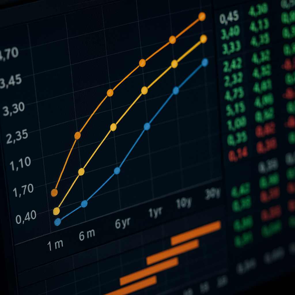 close-up of a financial trading terminal screen showing US Treasury yield curves and bond market data