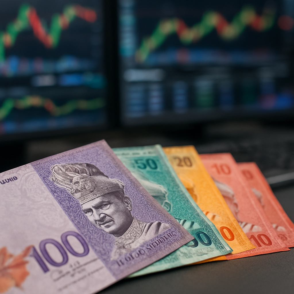 Close-up of Malaysian ringgit banknotes arranged on a financial trading desk with blurred screens in the background